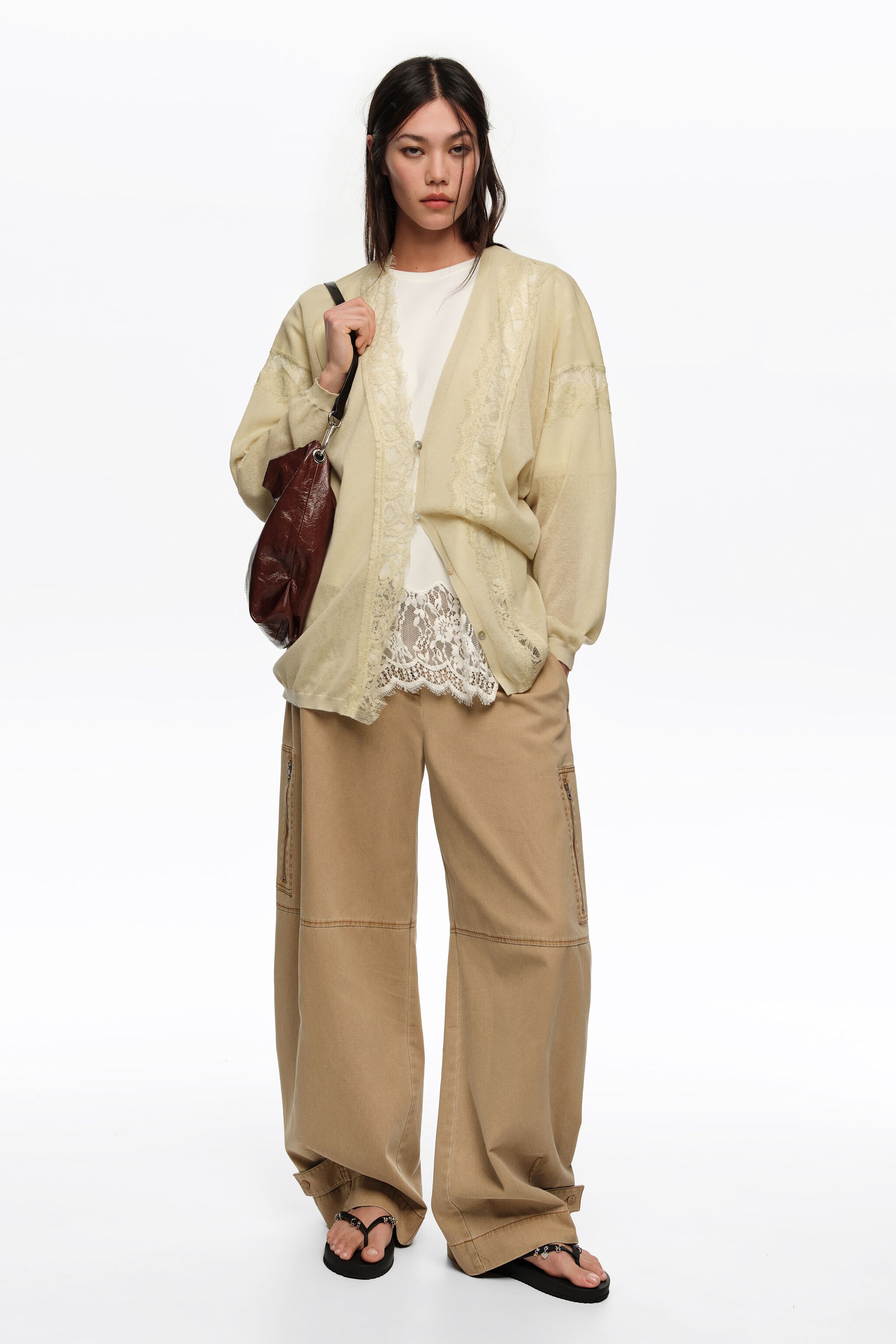 【ANDMARY】Lacey ribbon cardigan(beige_F) Long light green cotton and linen cardigan with lace trim
