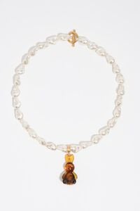 Amber resin rabbit and pearl necklace