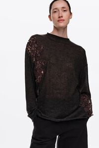 Jersey lana encajes cuello subido gris oscuro