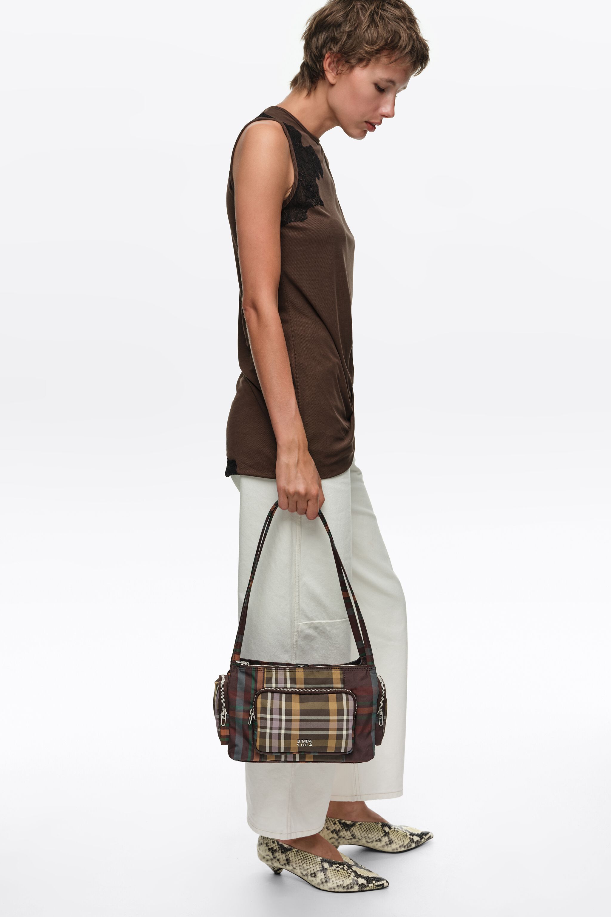 【APERTY】Lサイズ WIDE BAG TARTAN BROWN Large chocolate green tartan Pocket shoulder bag