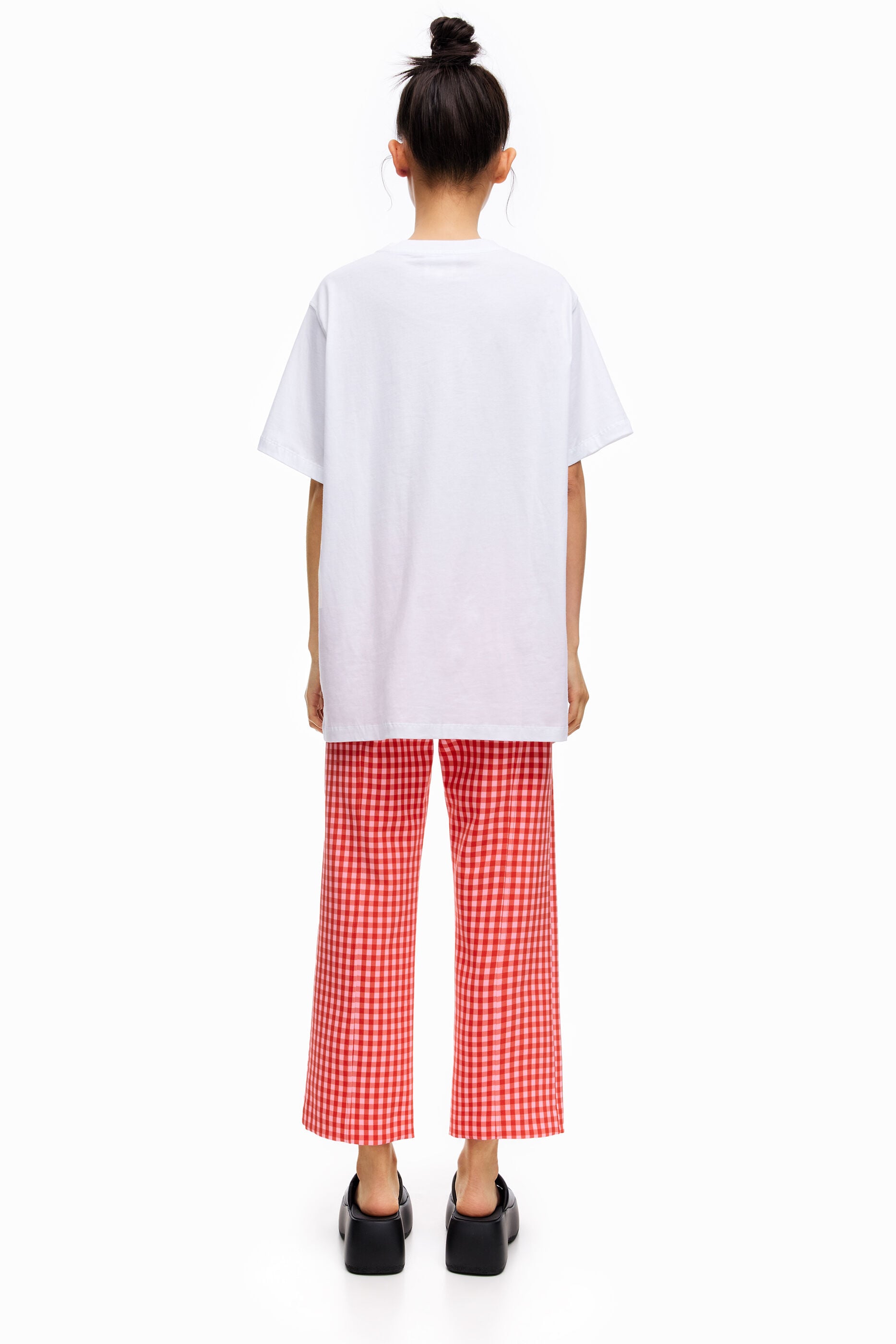 Pink gingham flared trousers