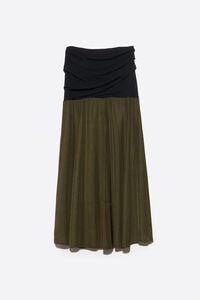 Black and khaki mixed-fabric gathered A-line skirt