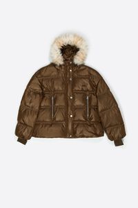 Short dark khaki fur hooded down jacket