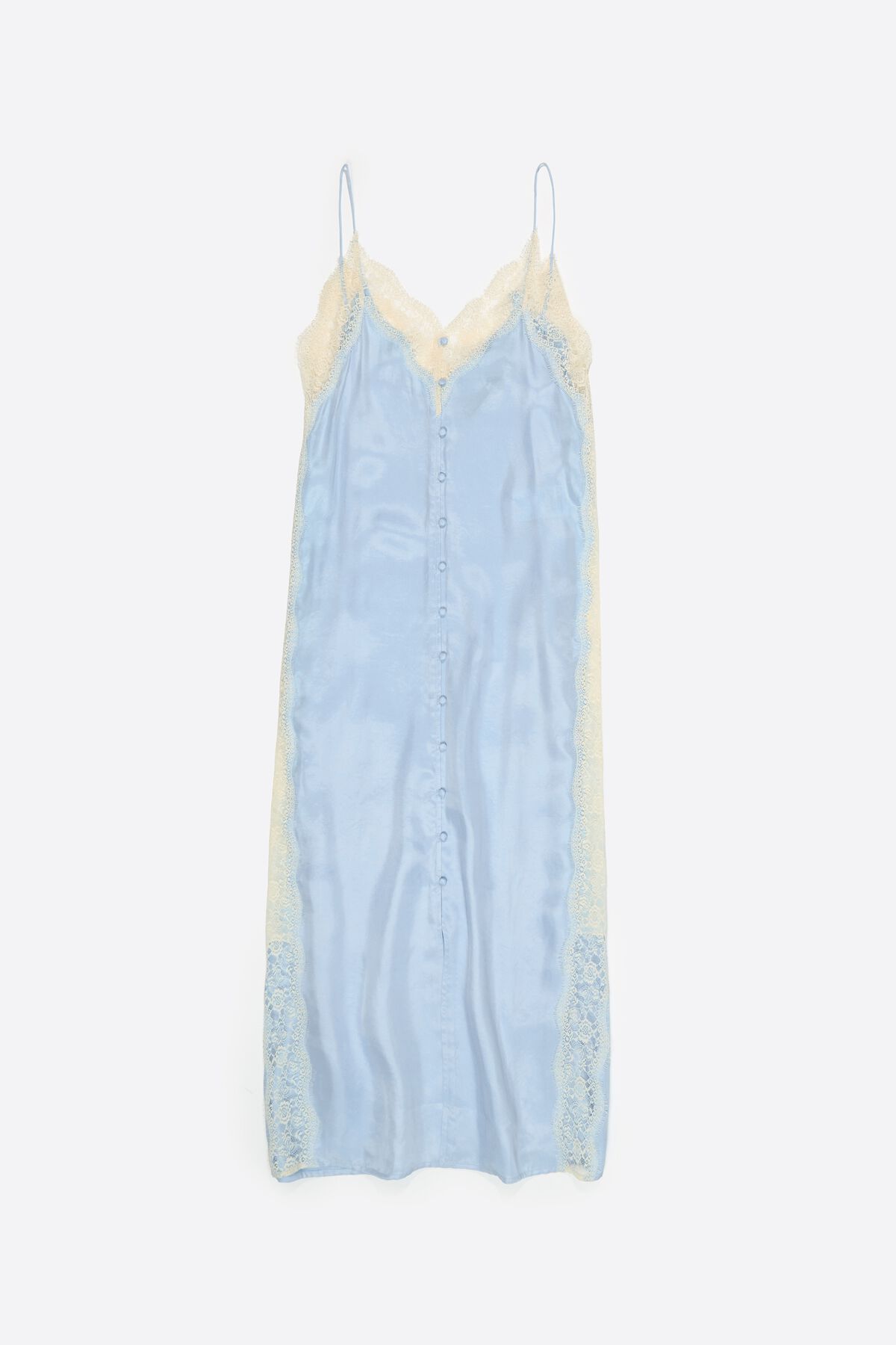 Light blue slip dress with contrast lace trim
