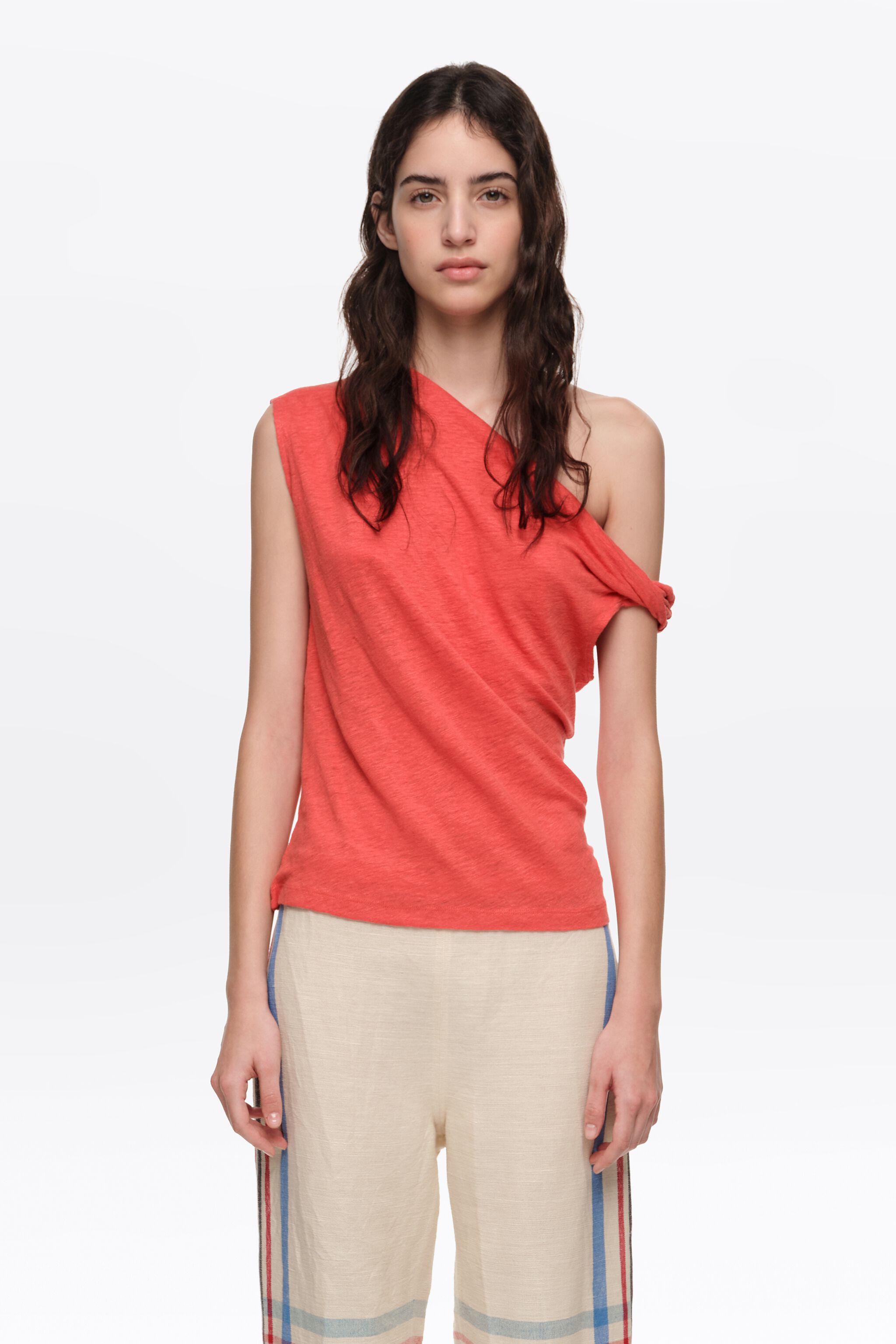 Coral linen knot-neckline top