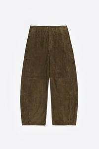 Dark olive suede barrel trousers