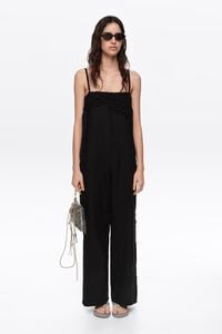 Black linen crochet neckline jumpsuit