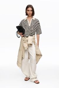 Black striped T-shirt with adjustable polo shirt collar