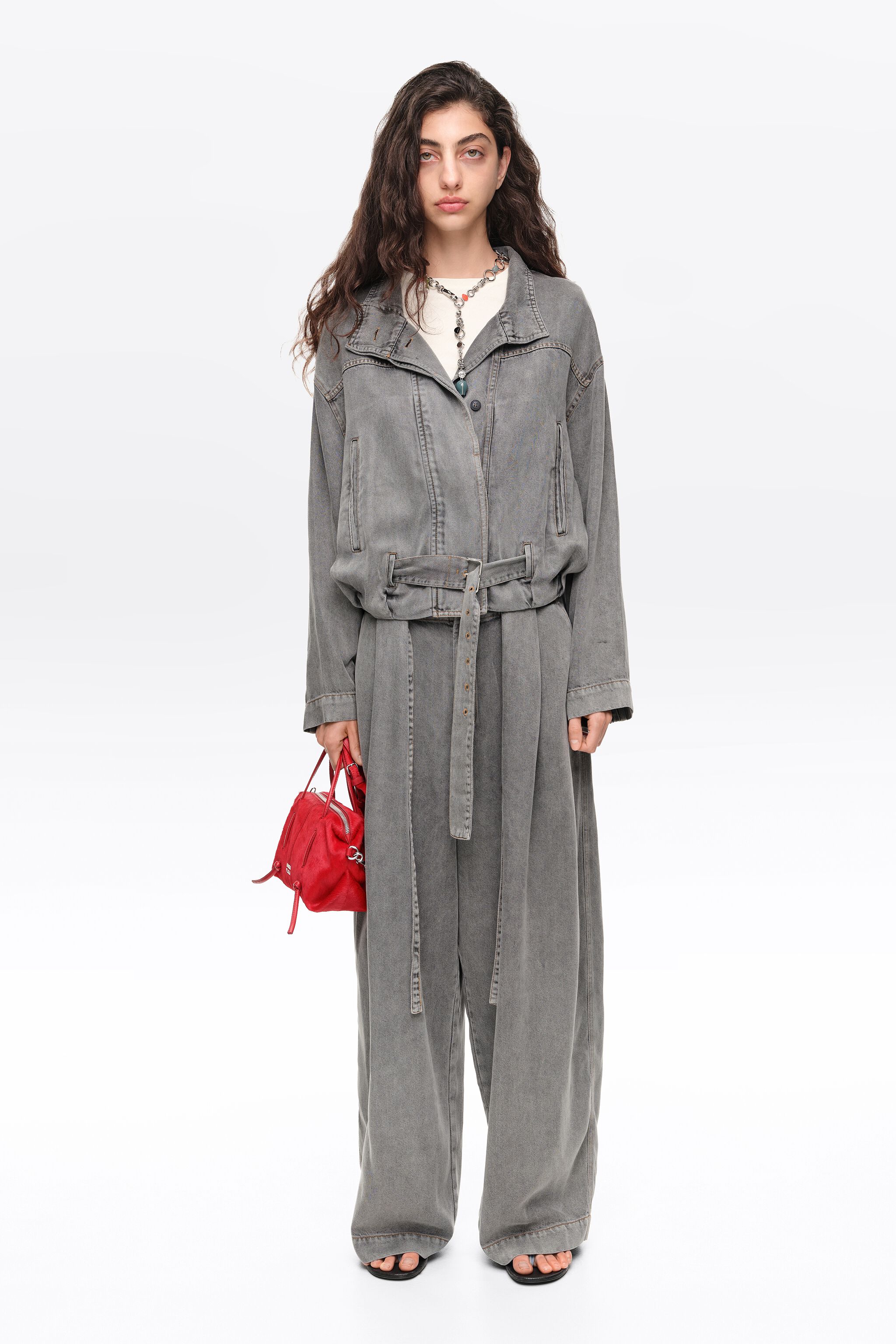 Washed light gray fluid denim jacket