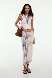 Ecru linen straight striped midi wrap skirt