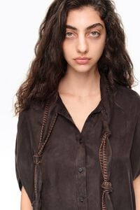 Washed black knotted neckline cape shirt