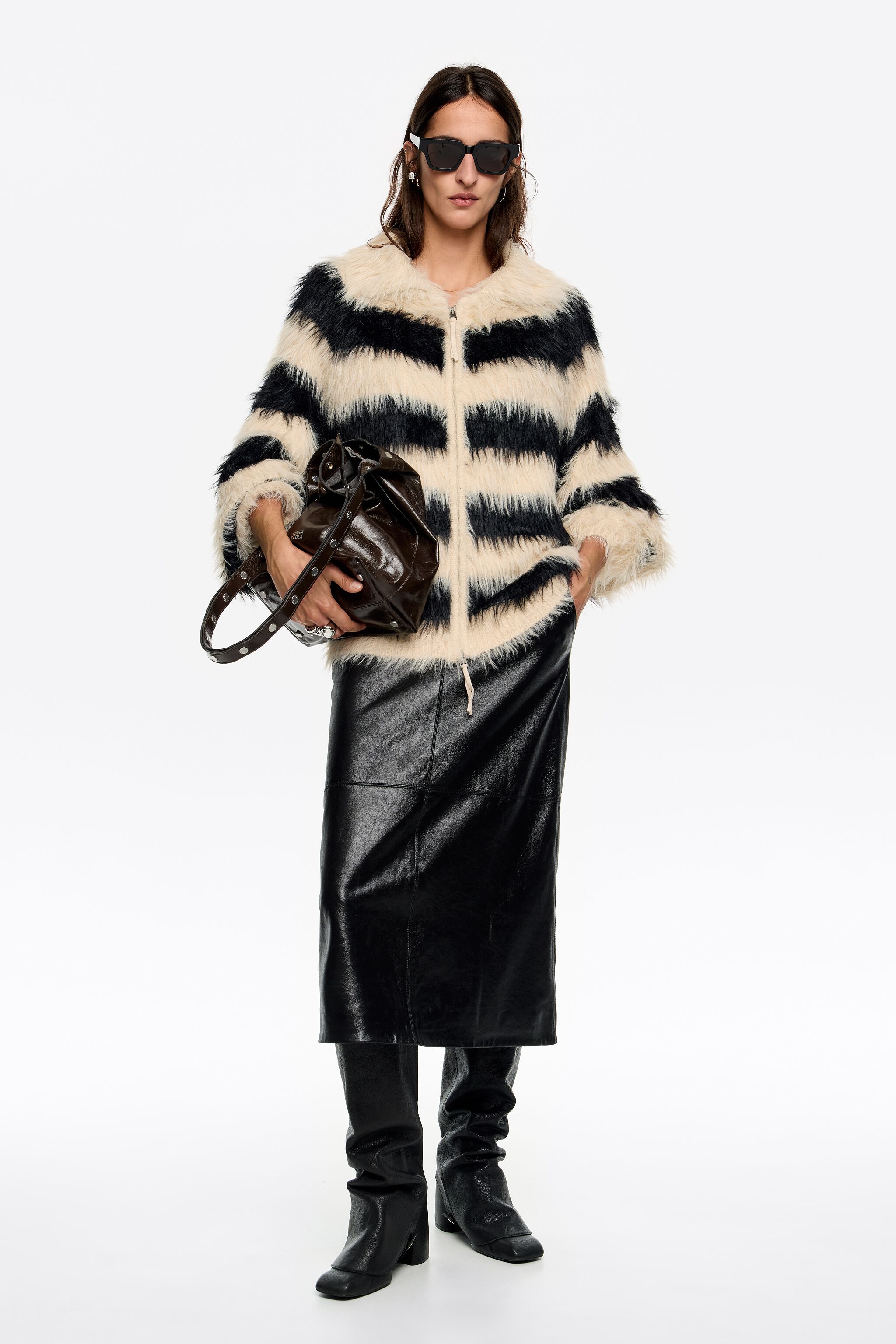 Oversize black and white striped fur cardigan