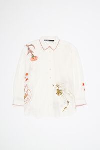 Camisa pespuntos e estampados algod&oacute;n marfil