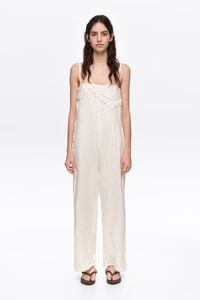 White linen crochet neckline jumpsuit
