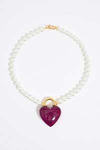 Collar perlas y coraz&oacute;n glitter fucsia