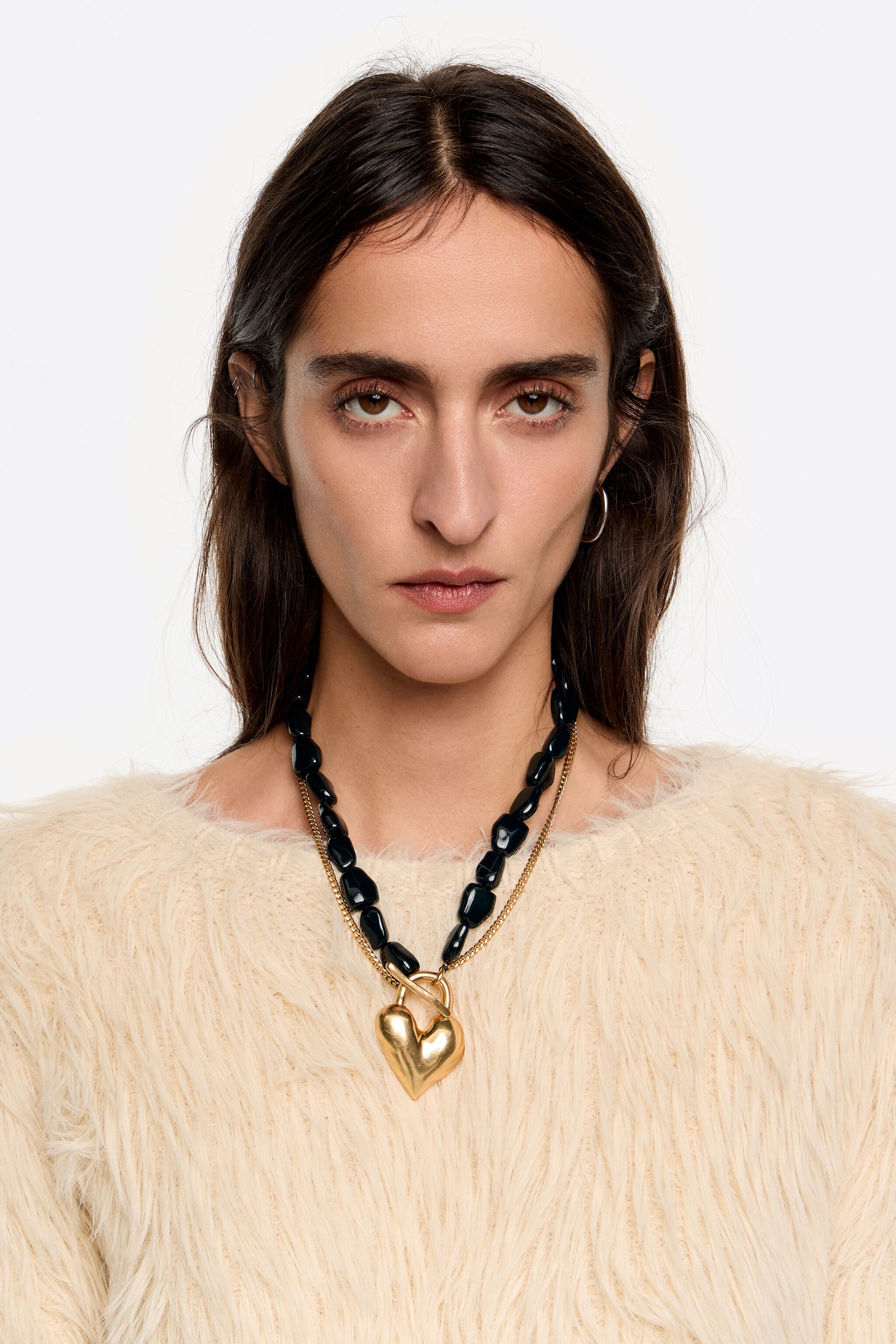 Double chain necklace with matte gold padlock heart