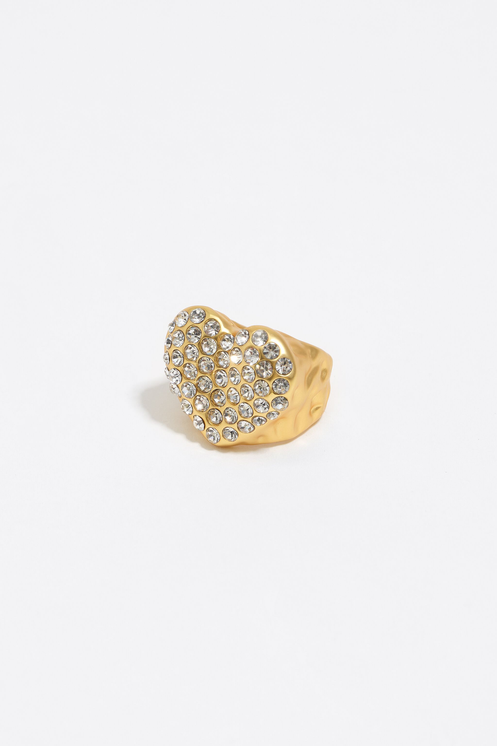【lovetina】 Matte gold-tone textured heart crystals ring