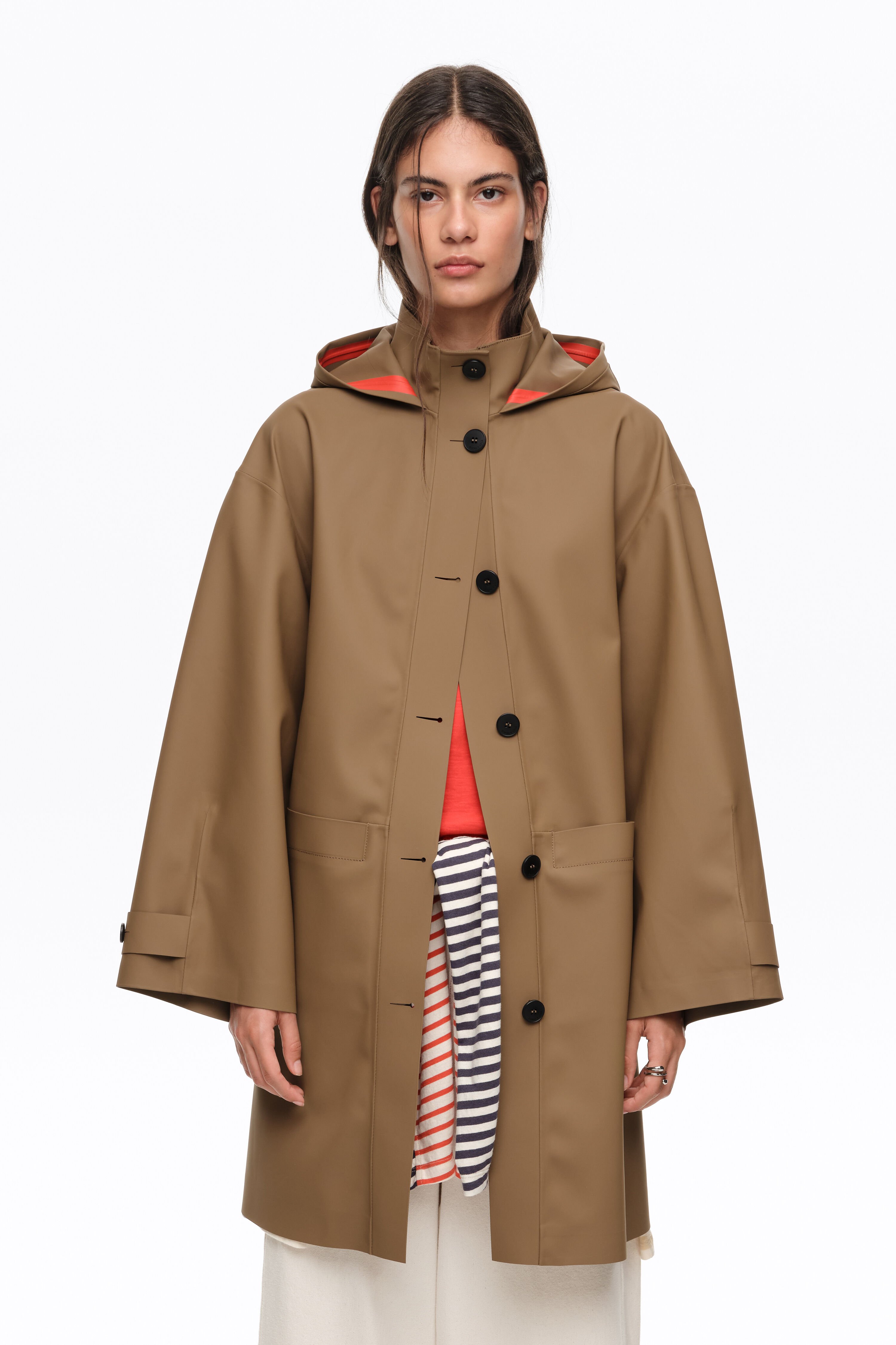 Dark camel rubberized A-line trench