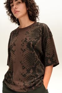 T-shirt marron en coton &agrave; imprim&eacute; serpent