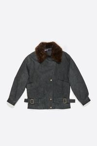 Dark gray double-breasted jacket with detachable fur