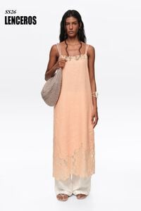 Vestido midi encaje lino lavado naranja