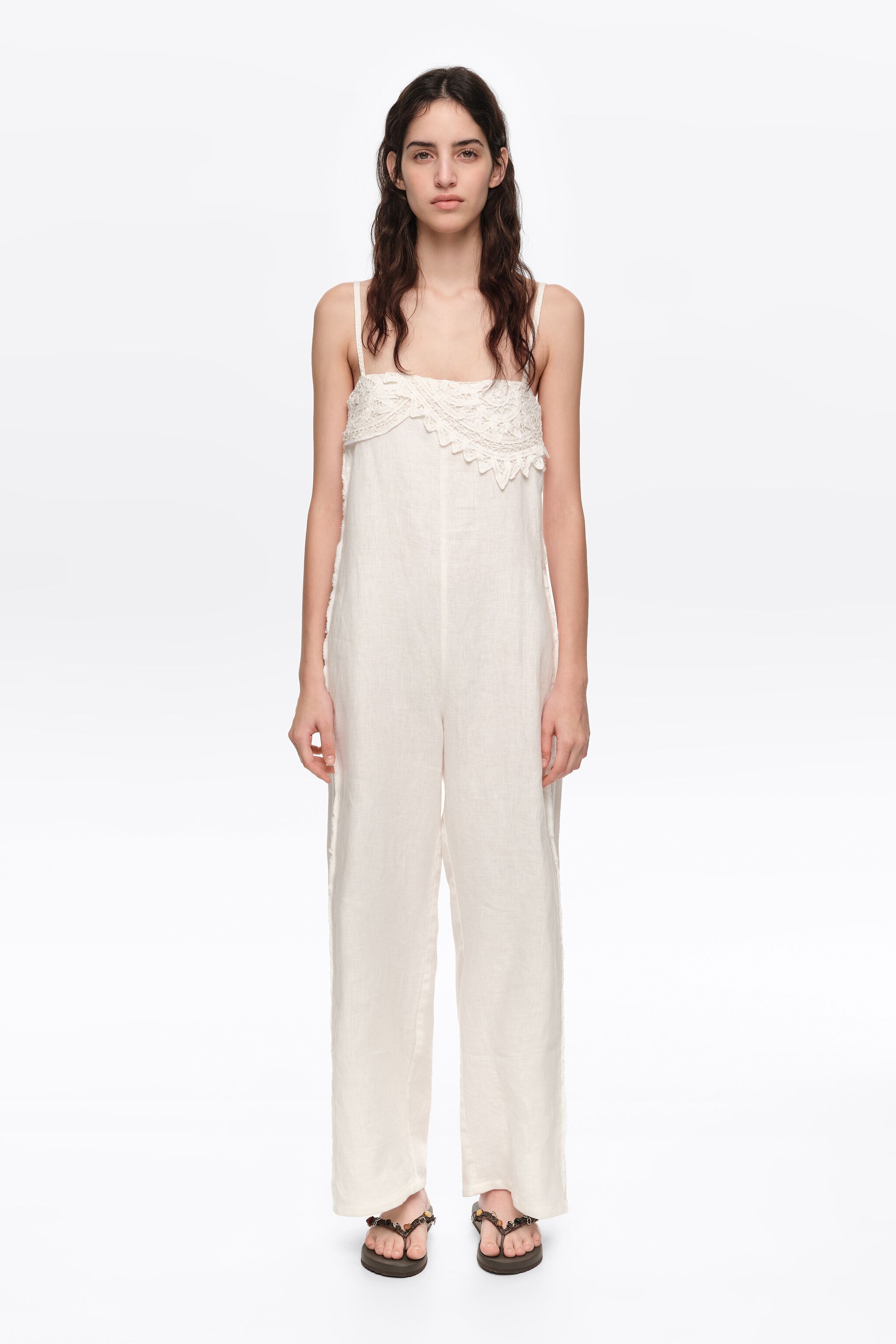 White linen crochet neckline jumpsuit