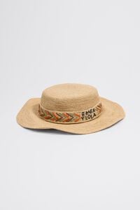 Raffia boater with multicolor embroidered band