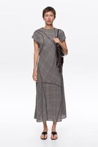 Dark brown checked patchwork dress with raw-edge detailing