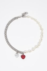 Chain necklace with pearls and red crystals heart