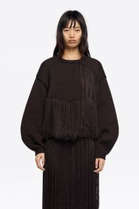 Sweter balloon frędzle brązowy