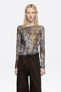 Khaki Snake tulle fitted T-shirt