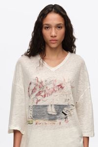Faded ivory linen Bimba Cala logo T-shirt