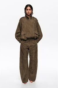 Pantalon barrel daim olive fonc&eacute;