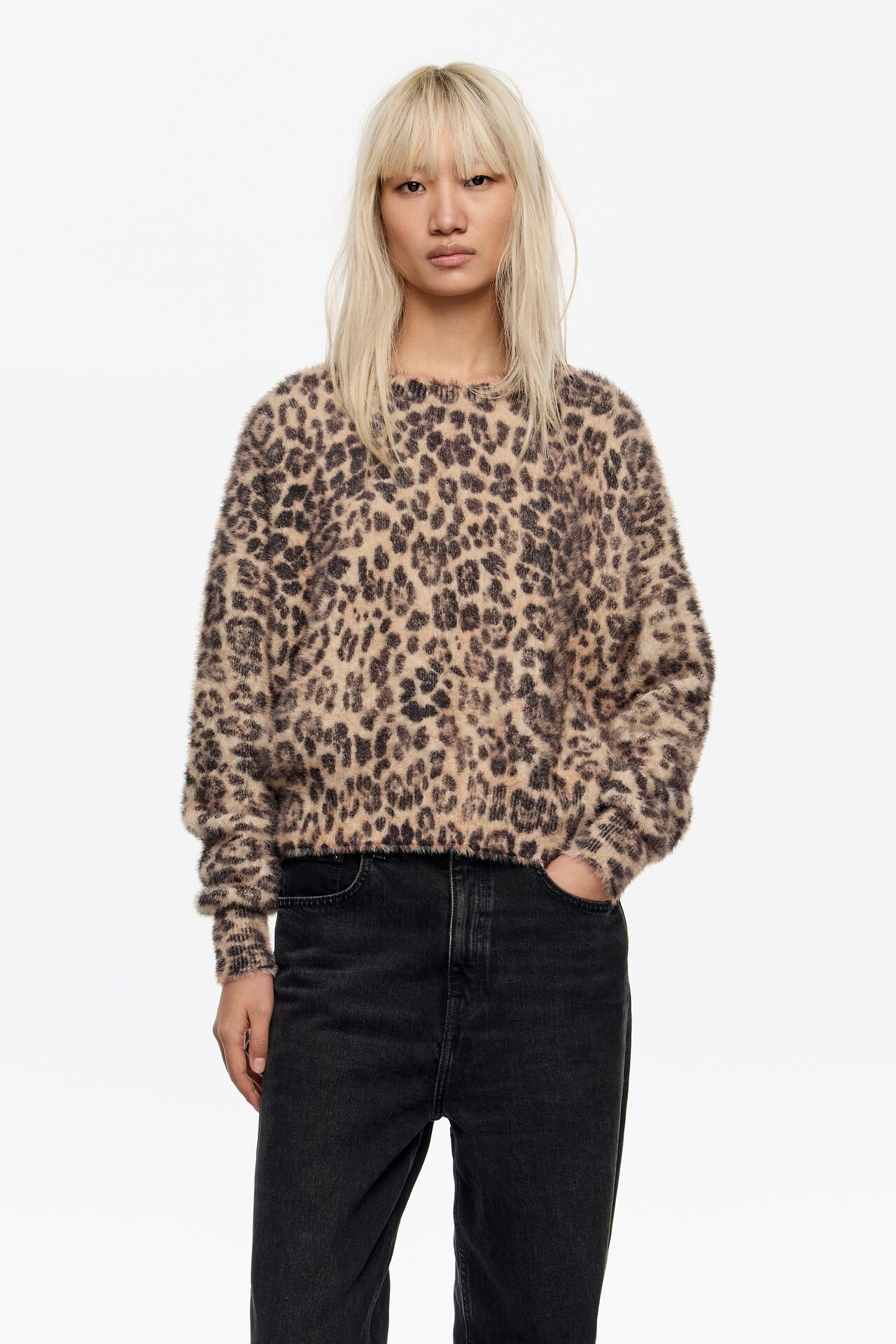 Pull Beige Col Fourrure Léopard – Taille T 38/40/42 – Occasion Très Bon état
