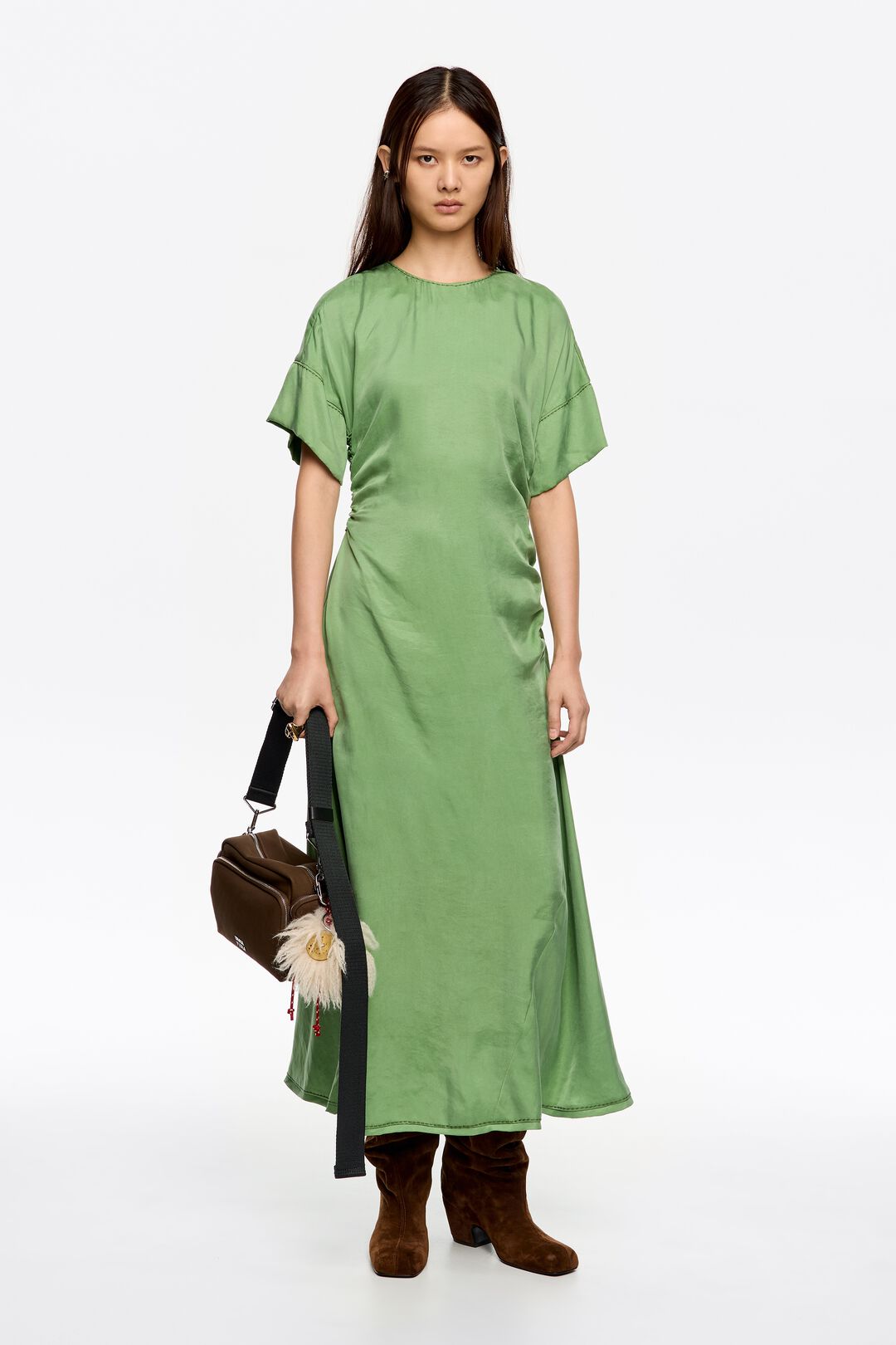 Green gathered short sleeve dress