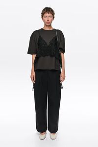 Faded black T-shirt top with lace overlay