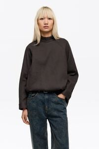 Dark brown cotton/wool mandarin collar shirt