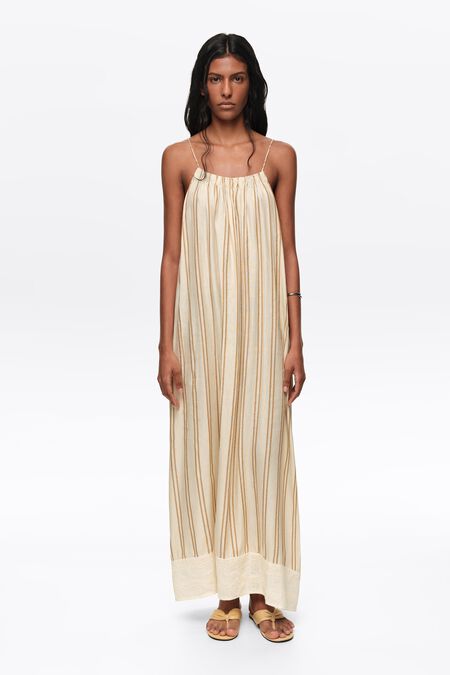 Sand striped linen dress with thin straps