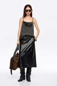 Black leather A-line midi skirt