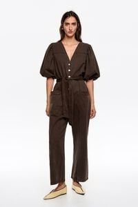 Washed brown denim V-neck jumpsuit