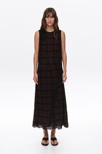 Vestido midi encajes cuadros marr&oacute;n oscuro