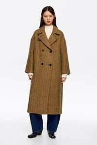 Long mustard herringbone tailored coat