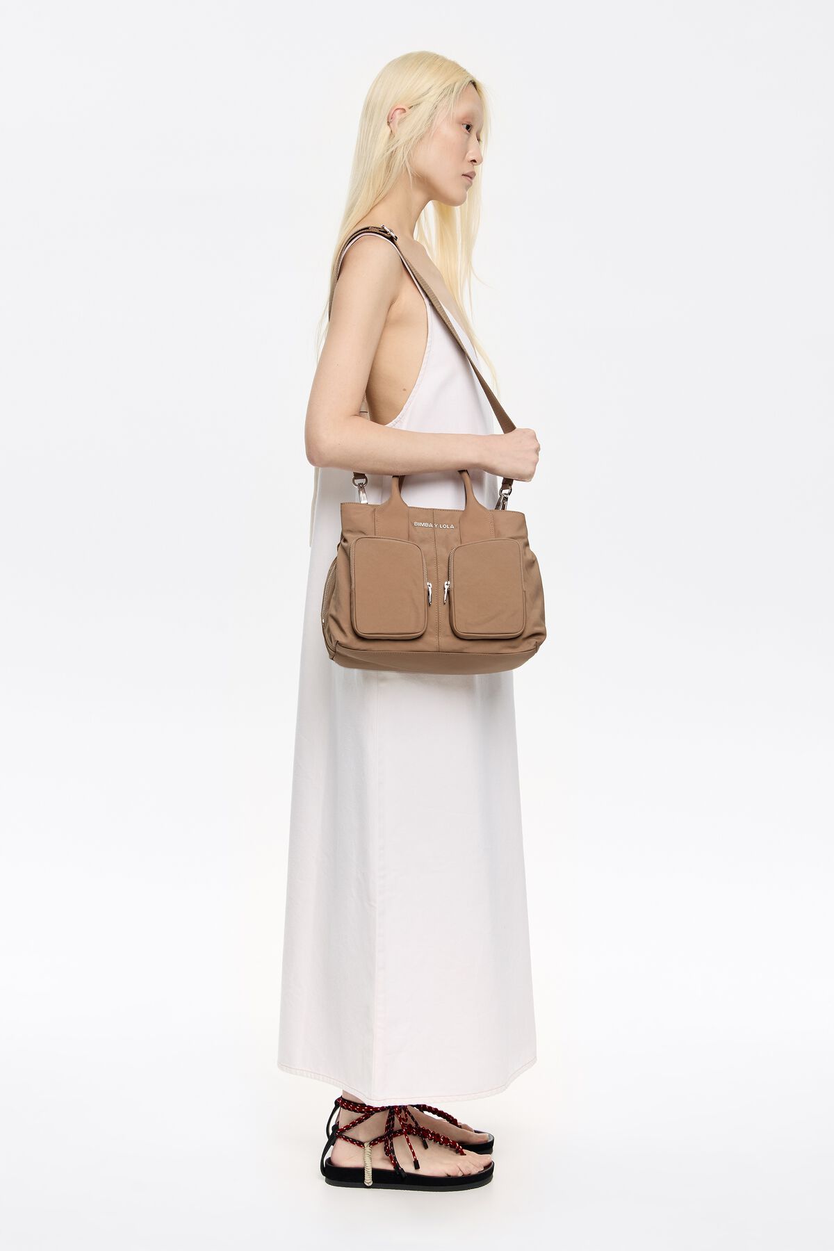 Product image for Large Bark Brown Nylon Pocket Handbag