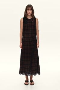 Dark brown checked midi dress with lace details