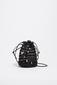 Black mini bucket bag in plaited leather with natural stones