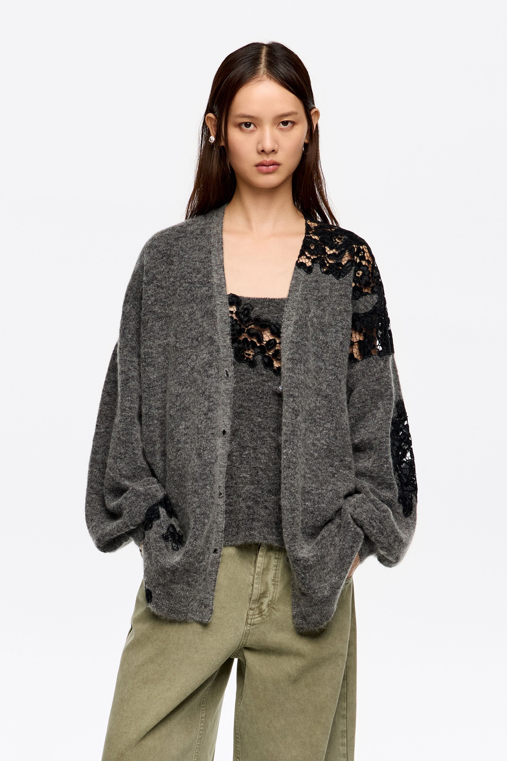 Long dark gray lace cardigan