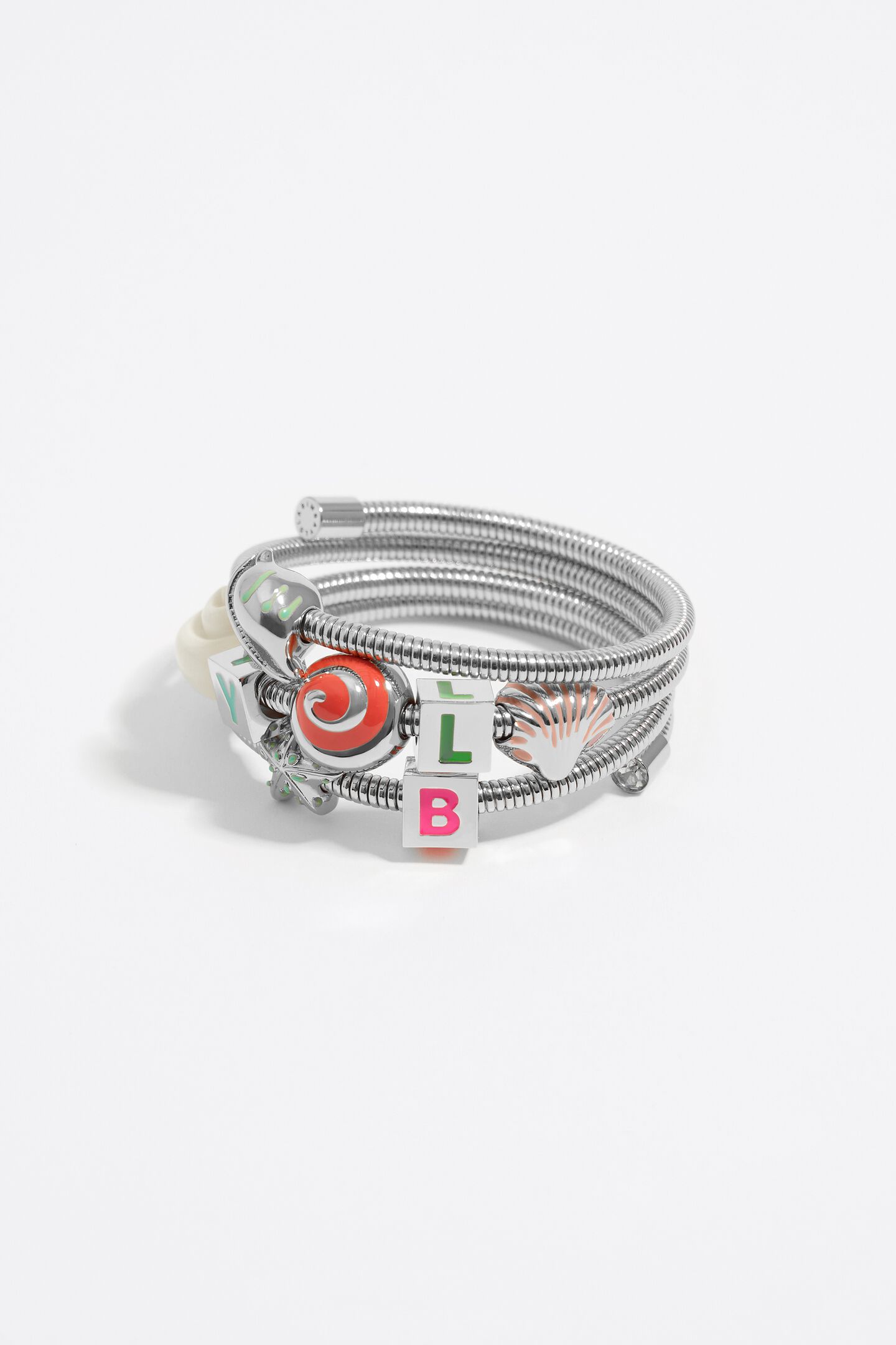 Spiralarmband silberfarben Muscheln und mehrfarbiges Logo