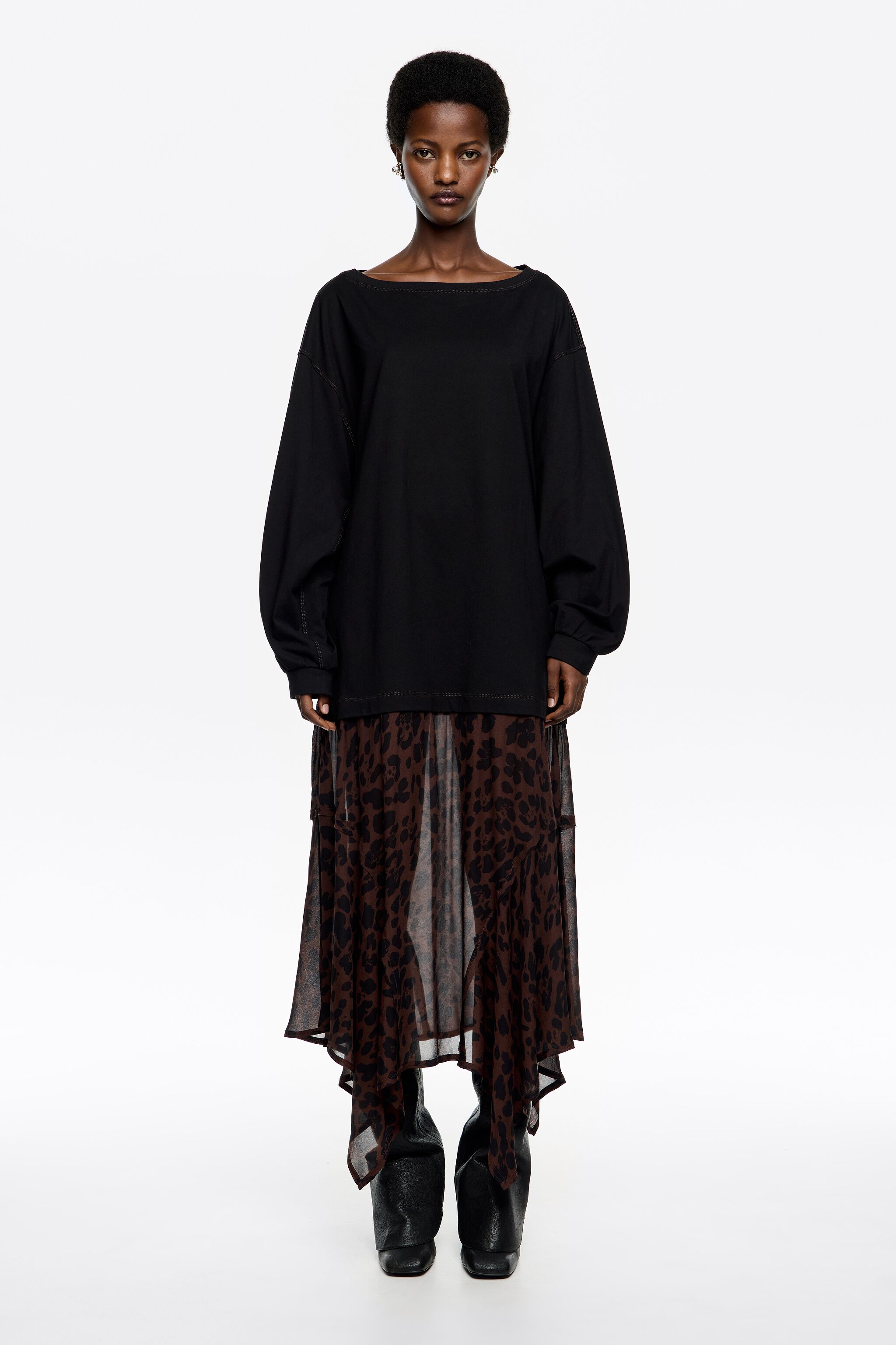 Dark brown Big Leopard 2 in 1 dress with asymmetric skirt