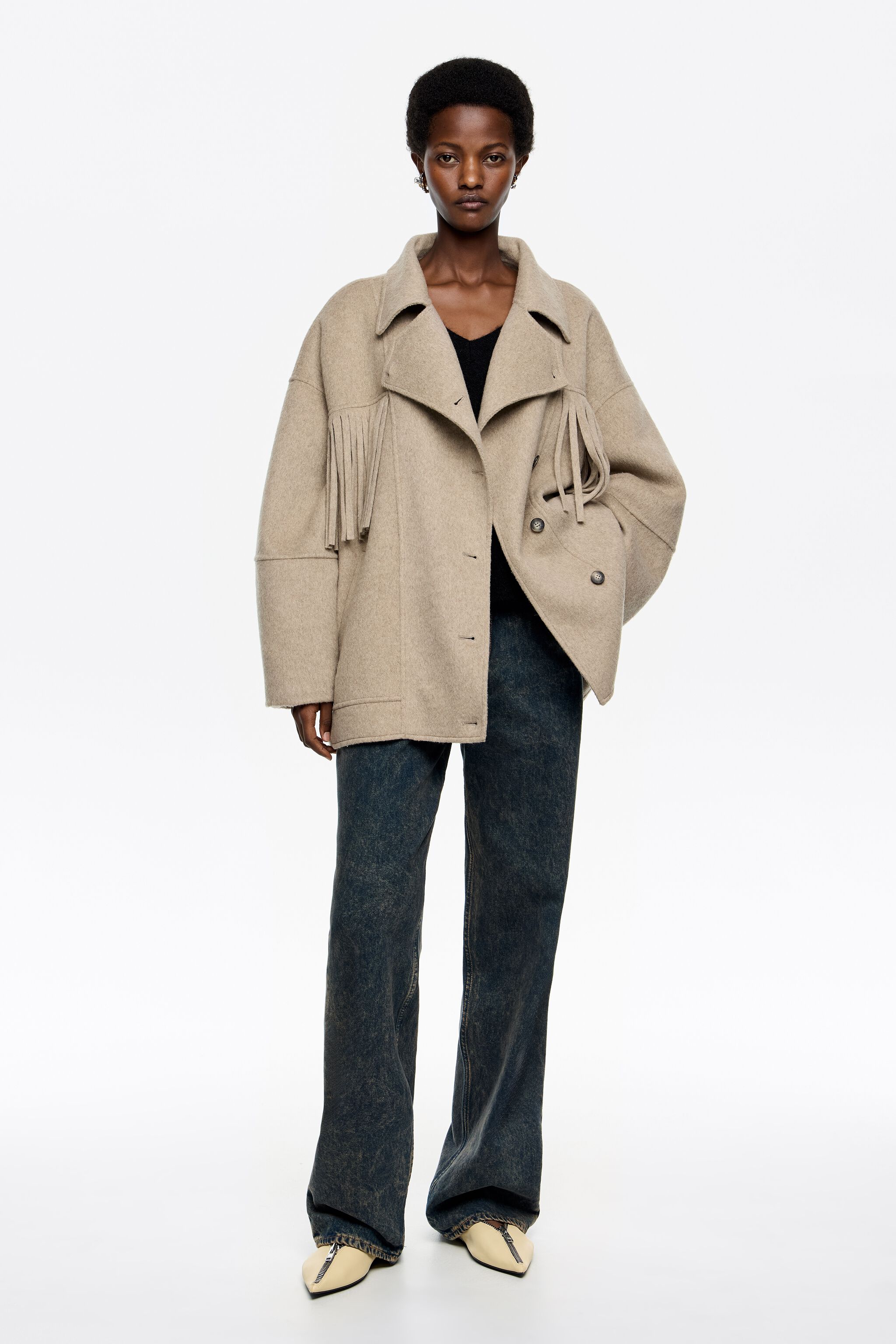 Taupe fringed double-face double-breasted jacket
