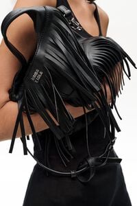 Small black leather fringed Paper bag